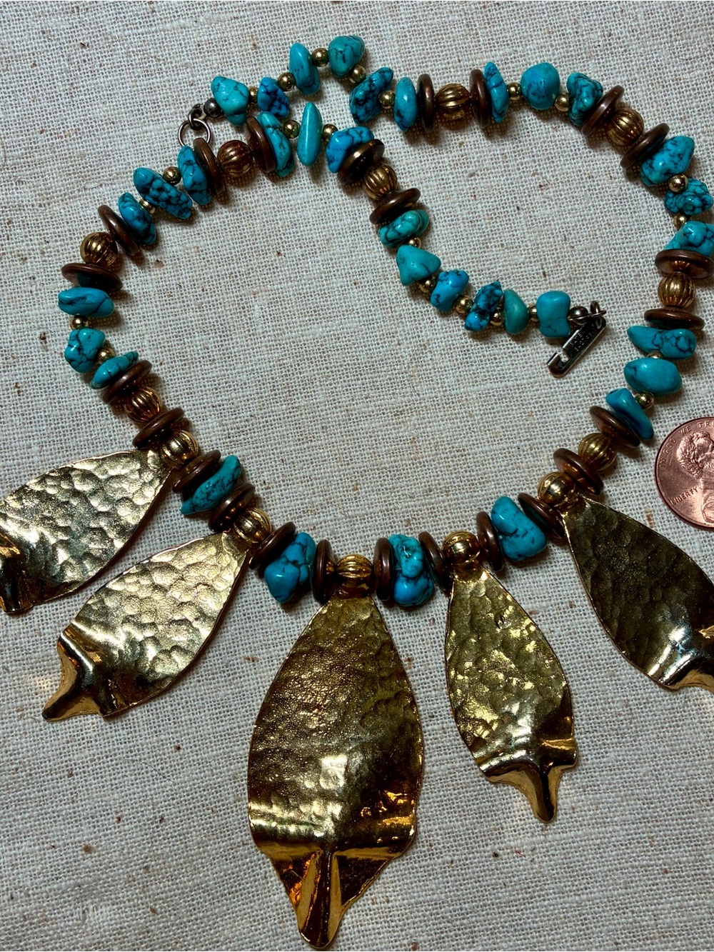 Funky 70’s Handcrafted Turquoise & Gold Statement Necklace